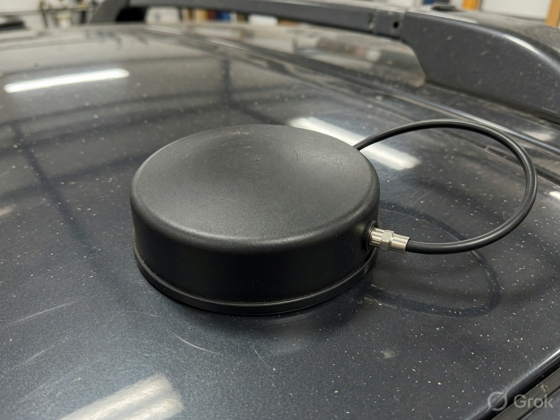 Black magnetic puck antenna on a car roof with a short coaxial lead